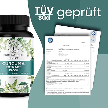 Curcuma ( Gurkemeje ) Extract 15000 – TÜV Testet – Høj dosis: 95 % Curcuminoider – Økologisk gurkemejepulver og Piperine Booster