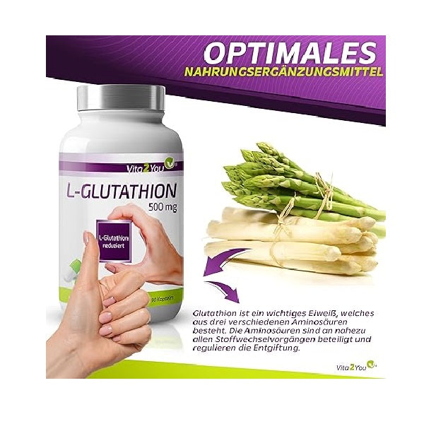 L-glutathion kapsler, 500 mg, 90 kapsler, reduceret og bioaktiv, ingen tilsætningsstoffer, høj dosis, premium kvalitet