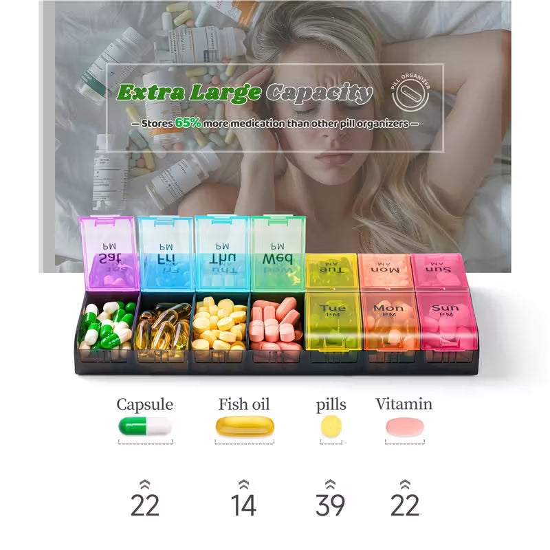 Ekstra Stor 7-Dages Pilleorganisator – AM/PM, Dobbeltdosis, Sort