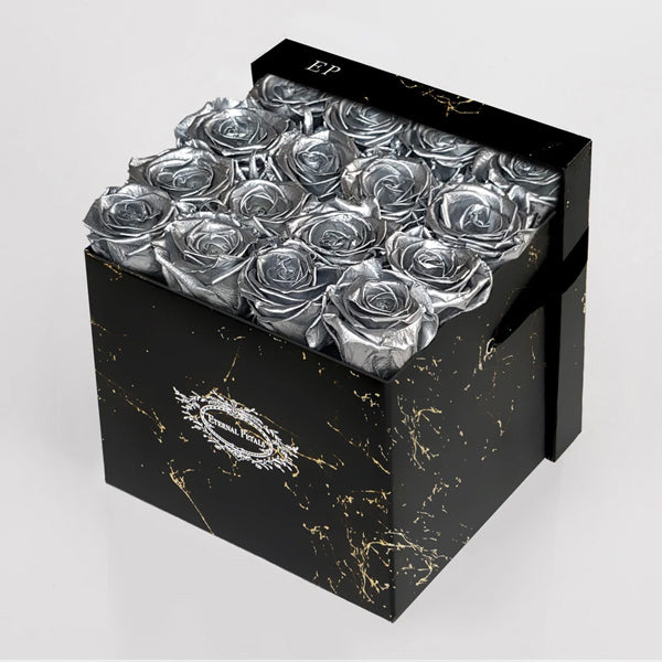 Silver - Black Marble - Roser som holder ca. 1 år