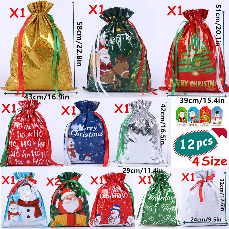 12 stk. Julegaveposer med snøre - Assorterede størrelser