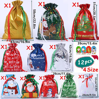 12 stk. Julegaveposer med snøre - Assorterede størrelser