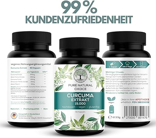 Curcuma ( Gurkemeje ) Extract 15000 – TÜV Testet – Høj dosis: 95 % Curcuminoider – Økologisk gurkemejepulver og Piperine Booster