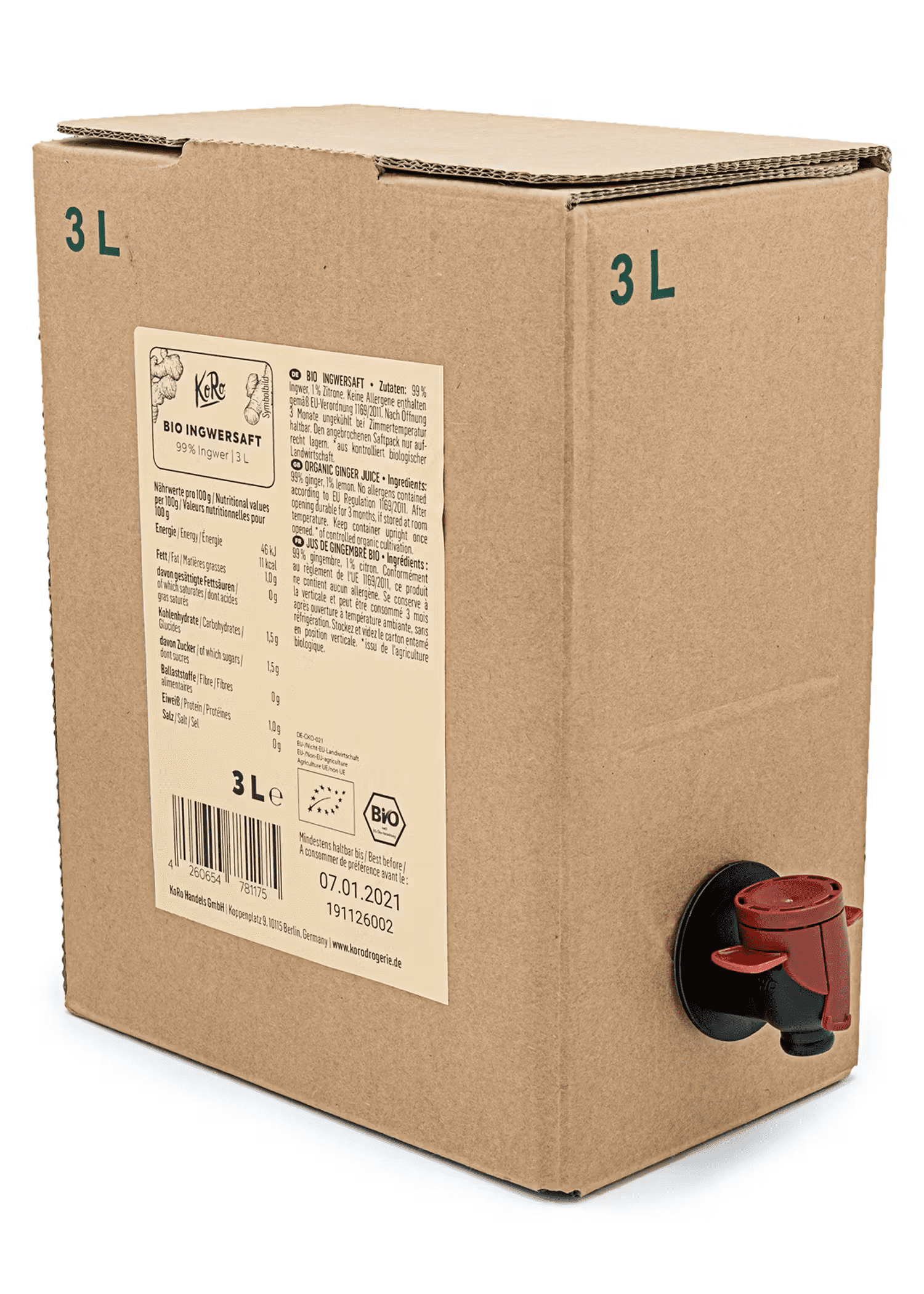 Økologisk ingefærsaft Bag-in-Box 3 l