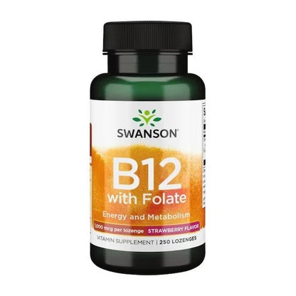 B12-Vitamin (Swanson) - 1.000 MCG, og Folate 400 MCG, med jordbærsmag - 60 eller 250 sugetabletter