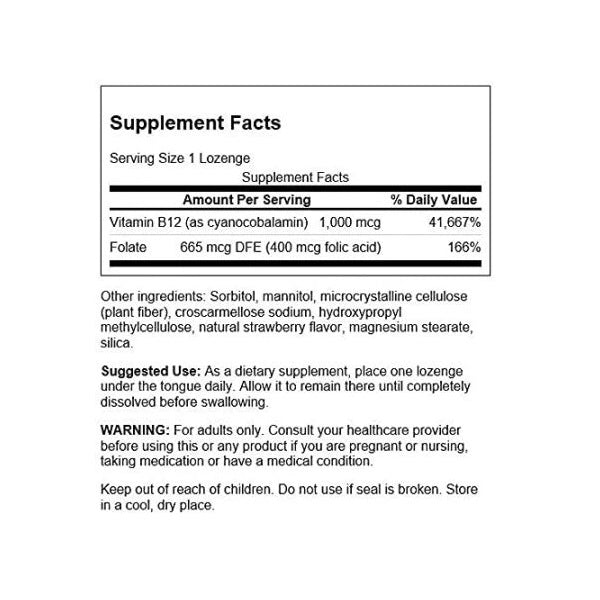 B12-Vitamin (Swanson) - 1.000 MCG, og Folate 400 MCG, med jordbærsmag - 60 eller 250 sugetabletter