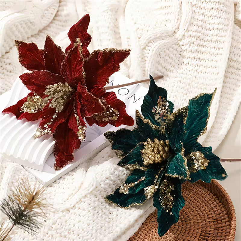 3 stk. Glitrende Røde Blomster Juledekorationer
