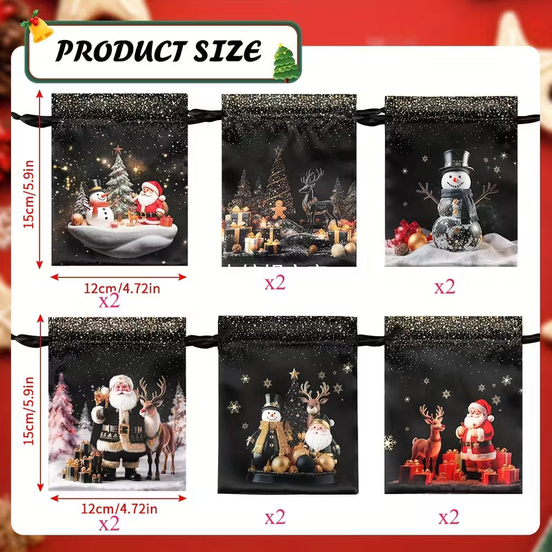 12 Ekstra Store Luksus Glatte Satin Gaveposer med Gylden Snørelukning