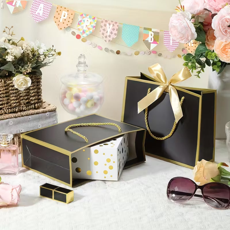 5stk. Guldfarvede Gaveposer med Sløjfe og Håndtag